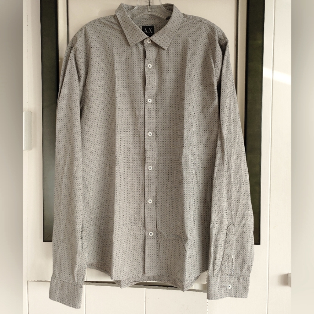 Armani Exchange Long Sleeve Button Up Grey with Blue/Gold Stars Slim Fit XL